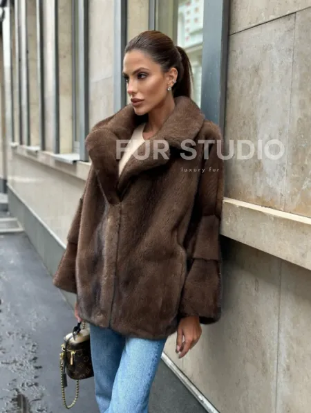 Норковый полушубок с английским воротником - цвет орех - фото 8