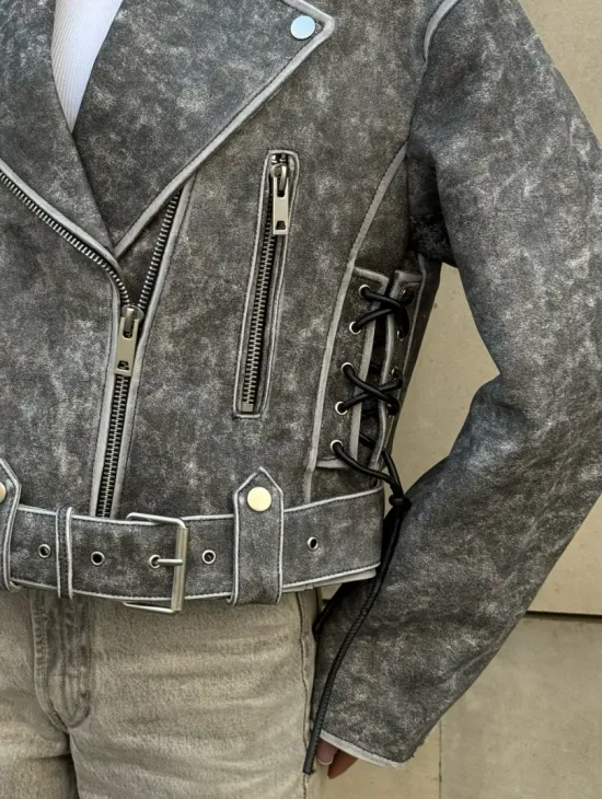 Косуха из натуральной кожи Vintage со шнуровкой - цвет серый - фото 2