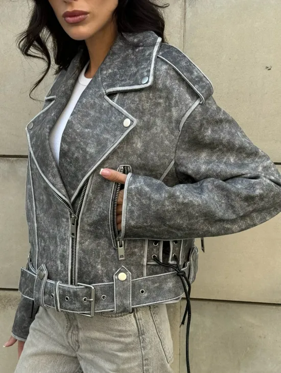 Косуха из натуральной кожи Vintage со шнуровкой - цвет серый - фото 6