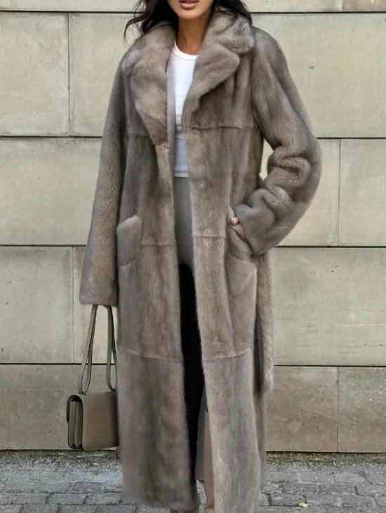 Норковая шуба цельный мех с поясом Luxury Line - цвет silver - фото 9