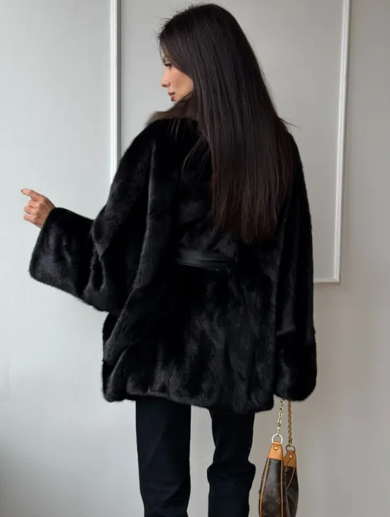 Полушубок из норки Black с воротником из меха темной куницы - фото 6