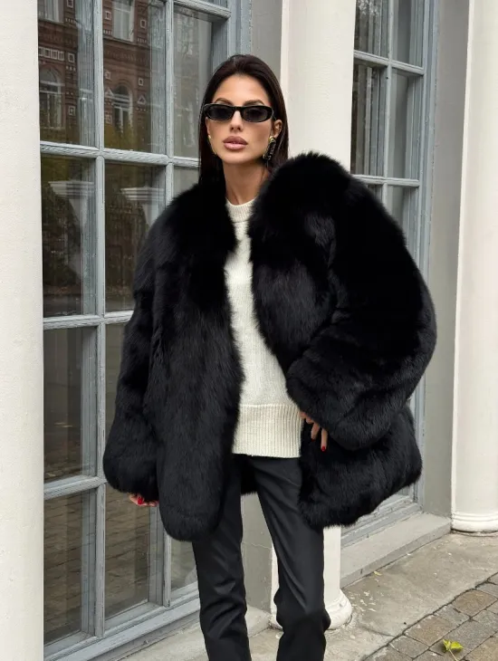 Шуба - жакет из меха песца цельные платины TOTAL BLACK - фото 4