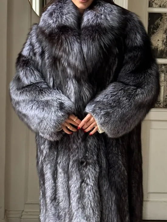 Длинная шуба из натурального меха чернобурки, воротник шаль - фото 2