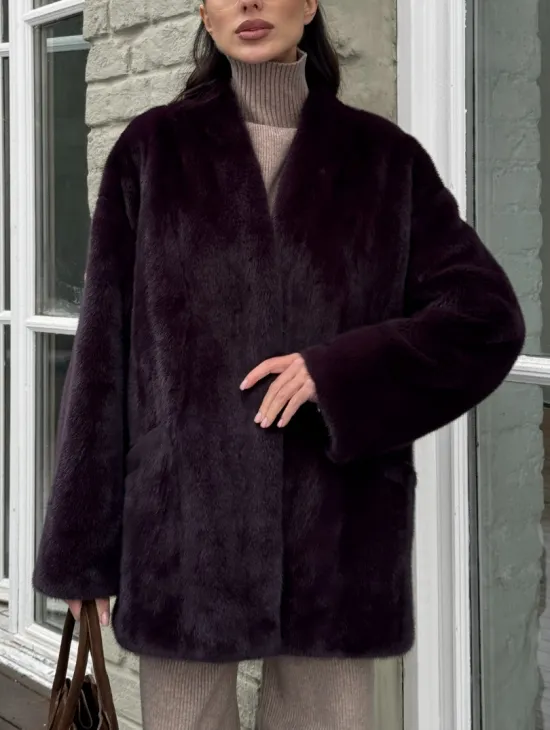 Короткий женский полушубок из меха норки VINTAGE BURGUNDY - фото 2