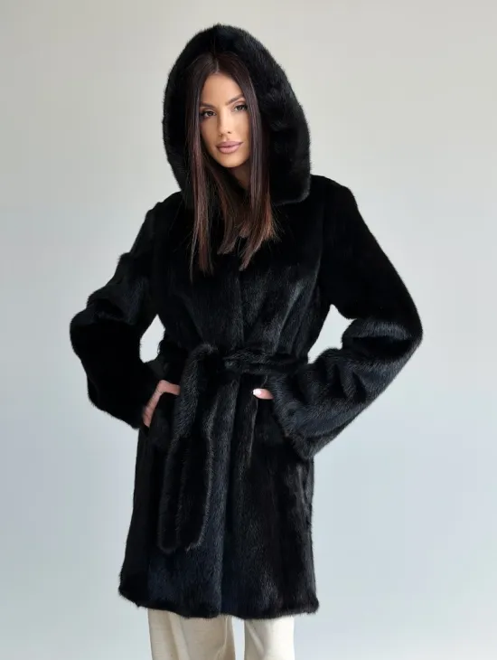Норковая шуба с капюшоном и меховым поясом в цвете Black - фото 11