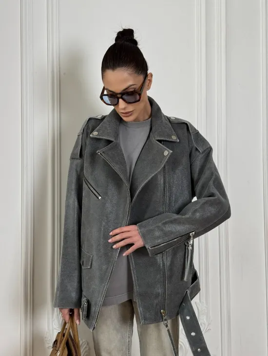 Винтажная кожаная косуха оверсайз - серый графит - фото 9