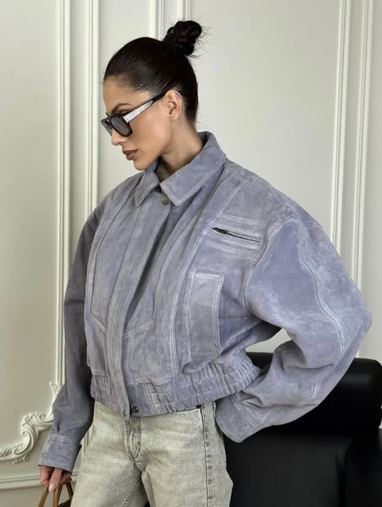 Бомбер - куртка весенняя оверсайз из натуральной кожи (замши) Grey blue - фото 2