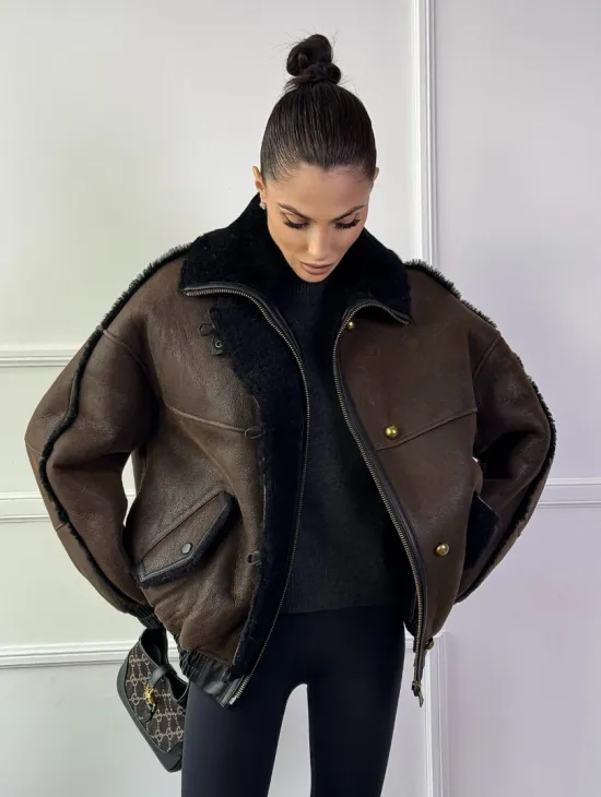 Бомбер - дубленка из натуральной овчины керли 