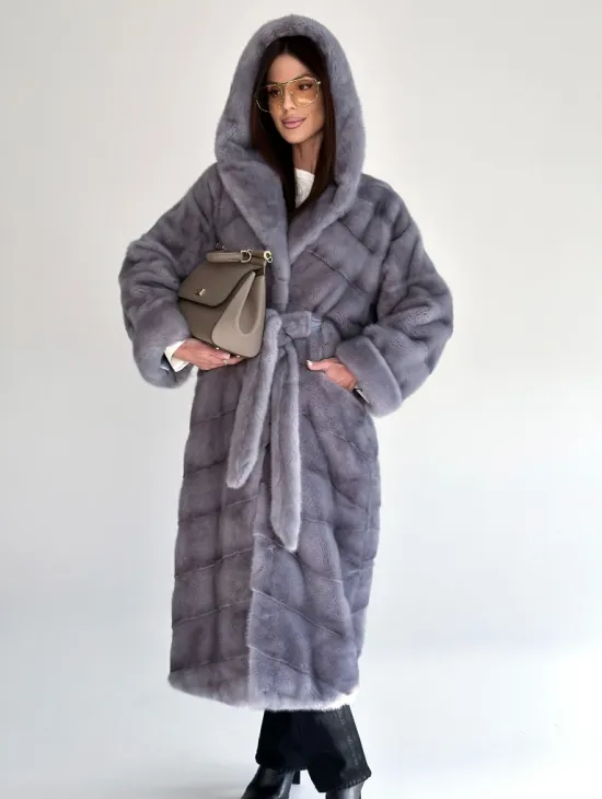 Удлиненная норковая шуба - кимоно с капюшоном - фото 6