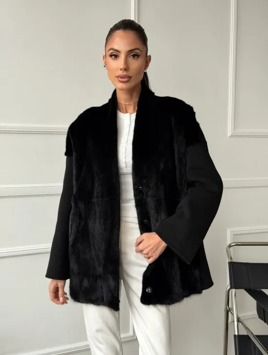 Полупальто демисезонное шерстяное с отделкой из меха норки - фото 5