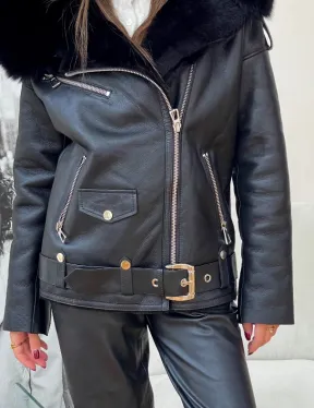 Дубленка авиатор из натуральной овчины с капюшоном - фото 1