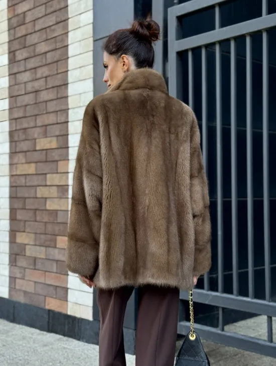 Шуба норковая пастель - стойка воротник - фото 8