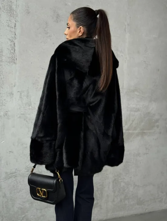 Полушубок черный норковый с капюшоном - фото 6