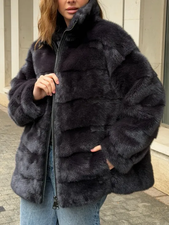 Норковая куртка на молнии - графит - фото 3
