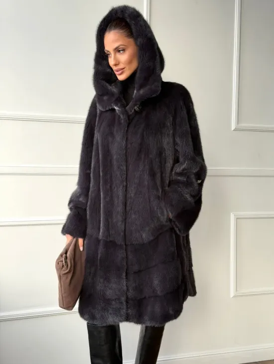 Норковая шуба с капюшоном - графит - фото 7