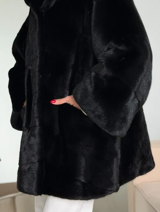 Норка шуба BLACKGLAMA паркет кимоно с капюшоном - фото 2