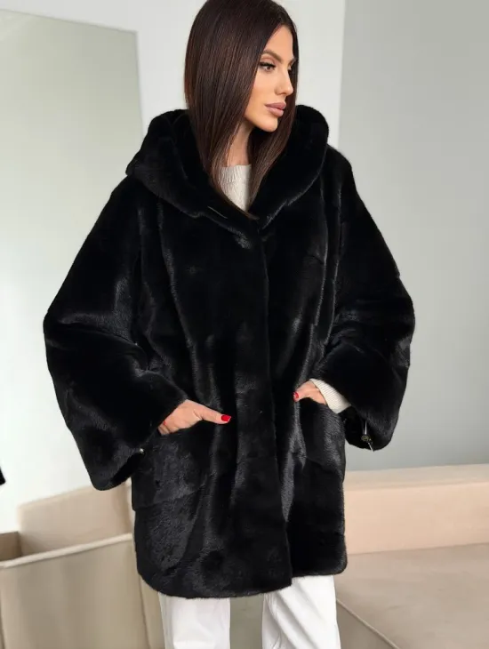 Норка шуба BLACKGLAMA паркет кимоно с капюшоном - фото 3