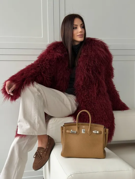 Шуба из ламы PREMIUM - бургунди - фото 11