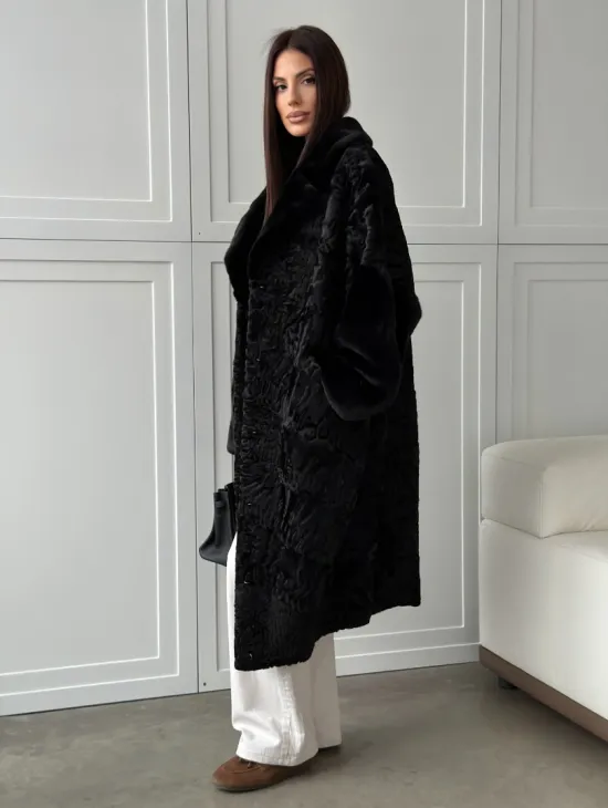 Черная шуба из каракуля с норкой - фото 10