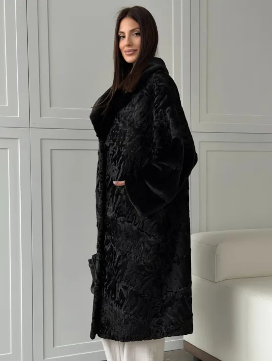 Черная шуба из каракуля с норкой - фото 6