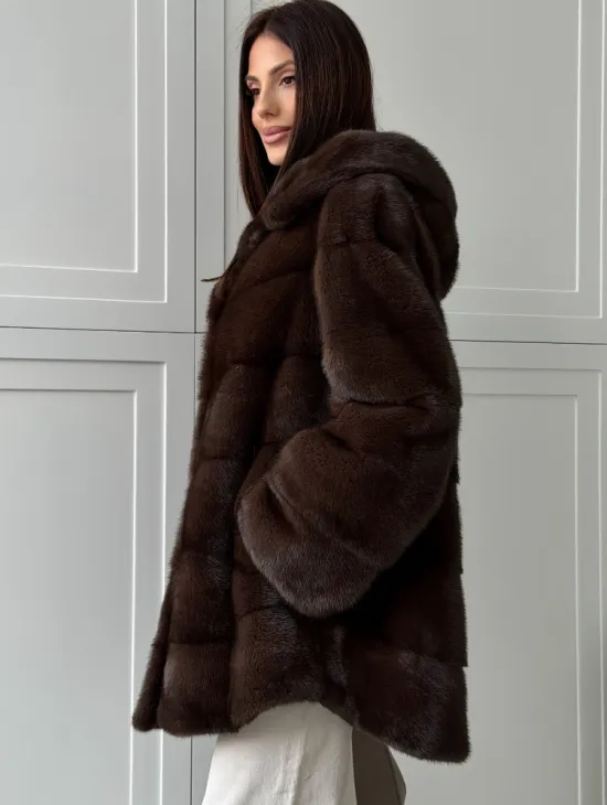 Норковая шуба в стиле «рубашка» с капюшоном - фото 4