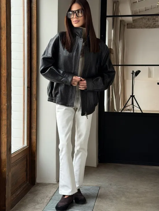 Черная весенняя куртка из кожи Joombo - фото 9