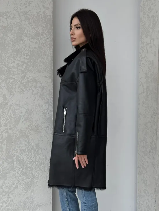 Удлиненная дубленка - авиатор из натуральной овчины с мехом тосканы - фото 4