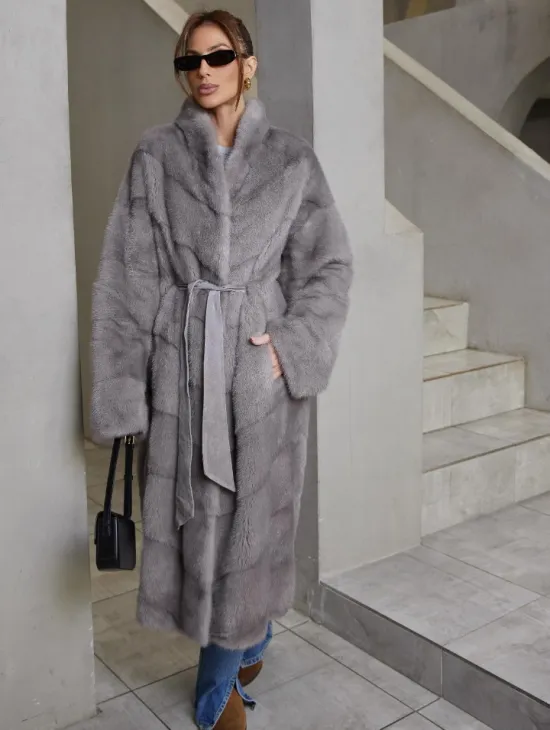 Стильная норковая шуба воротник отворот - цвет дымчато-серый - фото 2