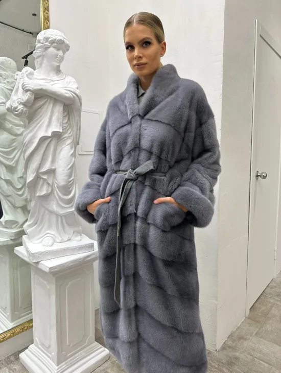 Норковая шуба воротник отворот - цвет сапфир - фото 2