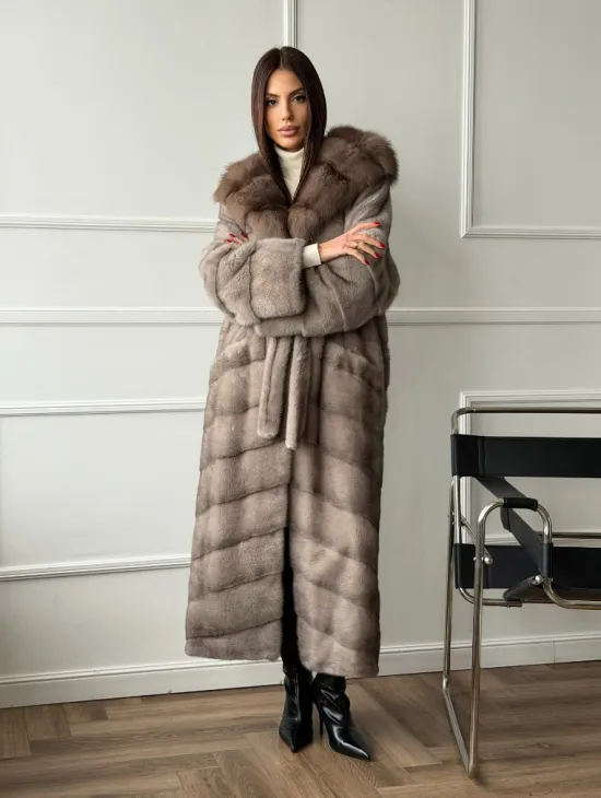 Шуба норковая с капюшоном куница - цвет светло-серый - фото 13