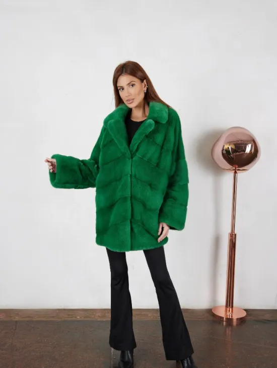 Норка кимоно паркет с английским воротником - светлый изумруд - фото 4