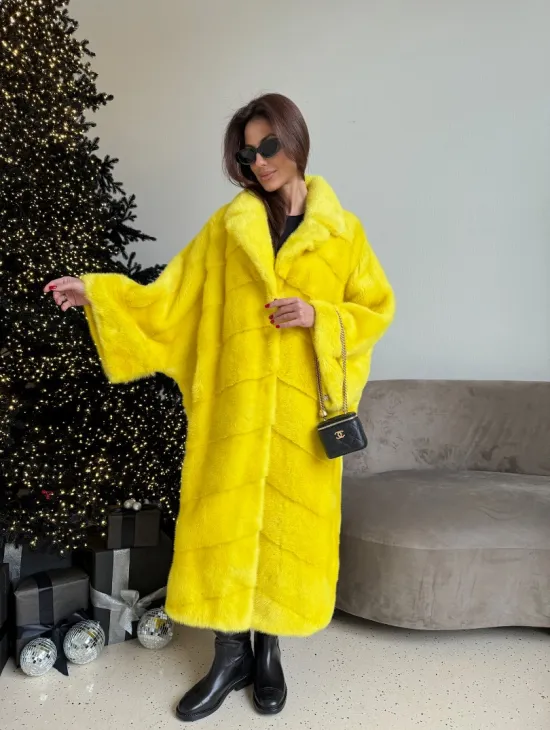 Шуба норковая в стиле Oversize - цвет лимонный - фото 7