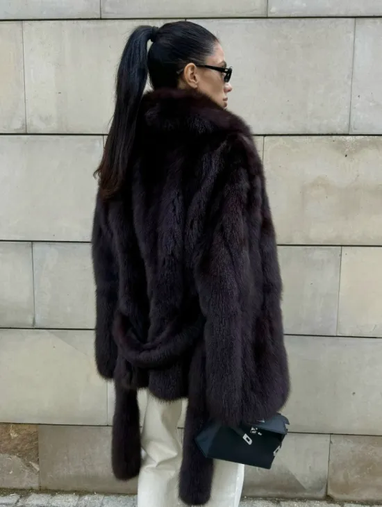 Шуба - жакет из меха куницы в цвете BURGUNDY - фото 5